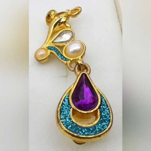 Disney Vintage Jeweled Pearl Clip On Earrings Gold Tone Jewelry Jasmine - Picture 5 of 12